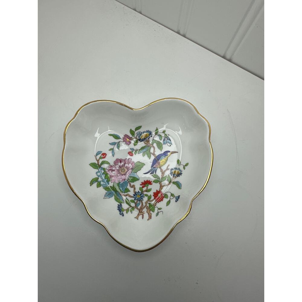 Aynsley Pembroke Heart Shaped Trinket Dish Fine Bone China England Floral Bird